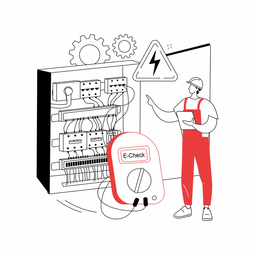 Die Grafik zeigt eine Person mit Schutzhelm und Blaumann vor einem Stromkasten. Neben der Person befindet sich ein Messgerät für die DGUV V3 Pruefung.